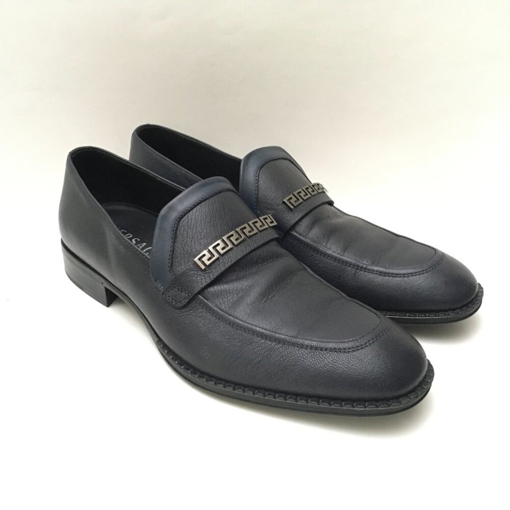 Authentic Men's Versace Black Dark Navy Leather Slip-on Size 40 Run Big Like 42